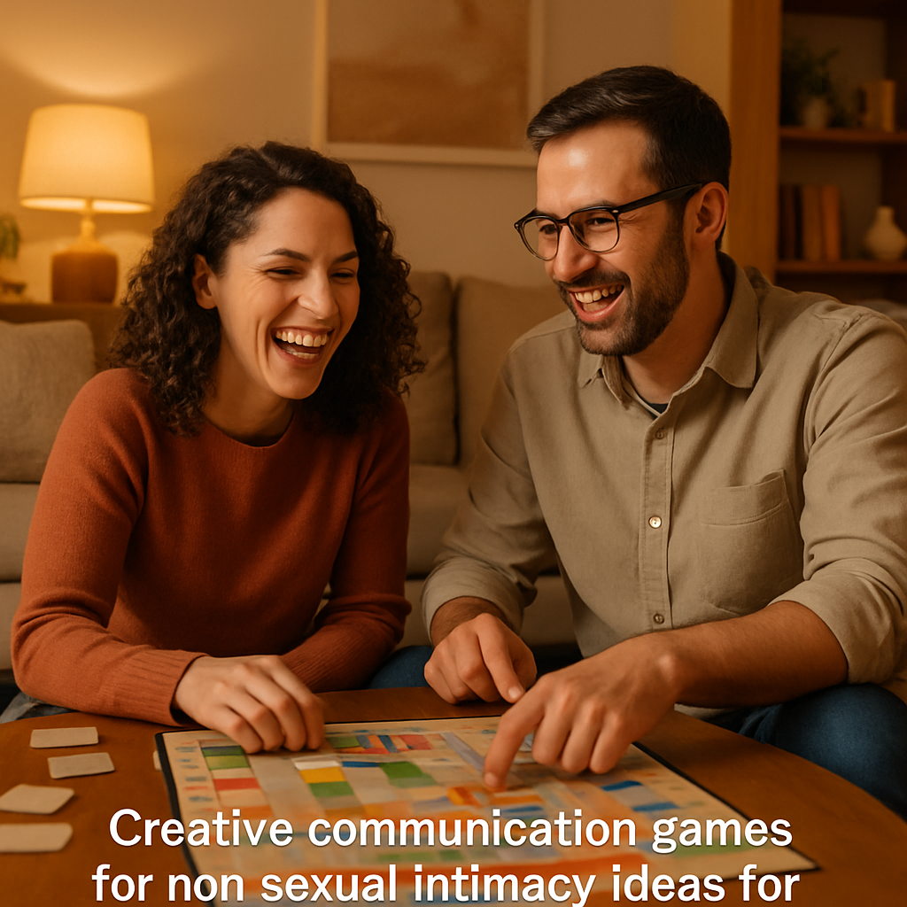 A cozy living room with a couple laughing while playing a board game, bright lighting, warm colors. Alt: Creative communication games for non sexual intimacy ideas for married couples