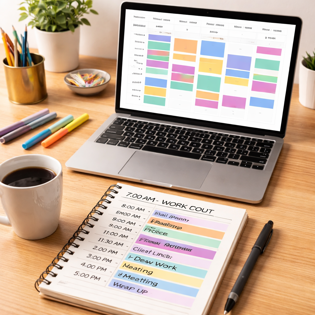 A clean desk with a laptop open to a digital calendar showing colour‑coded time blocks, a coffee mug, and a handwritten schedule. Alt: Time blocking schedule for focused work sessions