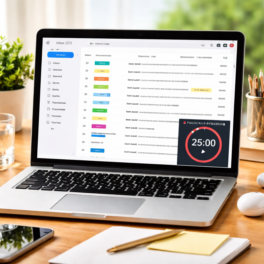 A clean email inbox on a laptop screen with Focus Keeper timer visible in the corner, showing organized folders and colored labels. Alt: Email management productivity hacks illustration.