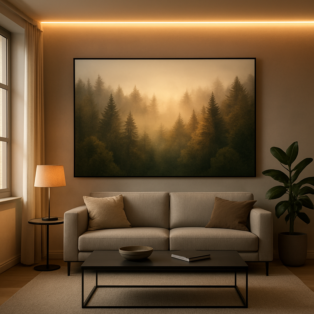 Una sala de estar moderna con una gran lámina de arte mural de naturaleza moderna con un paisaje forestal brumoso, una cálida iluminación LED que acentúa los árboles, una elegante mesa de centro y una sutil planta de interior. Alternativa: láminas de arte mural de naturaleza moderna con decoración de paisaje forestal.