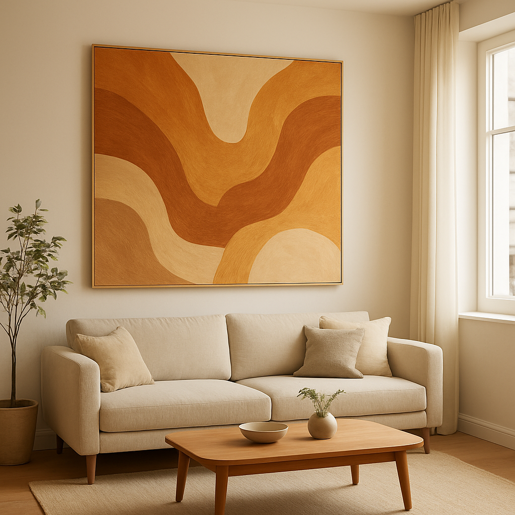 Una sala de estar moderna y luminosa con un gran estampado abstracto en tonos tierra que presenta cálidos remolinos de ocre y arcilla en la pared principal, una suave iluminación natural que realza la textura, una elegante mesa de centro de madera y un sofá minimalista. Alternativa: láminas modernas de arte mural con motivos naturales y un estampado abstracto en tonos tierra que realzan un interior acogedor.