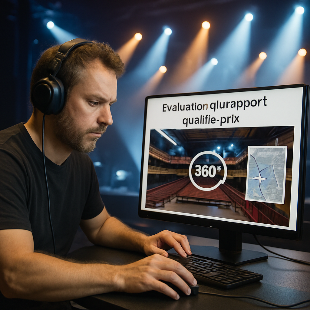 Un technicien d’événement analysant un plan interactif de visite virtuelle 360° sur ordinateur, avec des éclairages de salle de concert en arrière-plan. Alt: Évaluation du rapport qualité-prix d’un service de visite virtuelle 360° pour une salle de concert