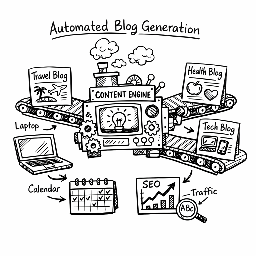 Doodle illustration of an automated blog generation workflow, showing a content engine churning out blog posts for different topics, with icons of a laptop, calendar, and SEO graph. Alt: programmatic seo examples automated blog generation doodle