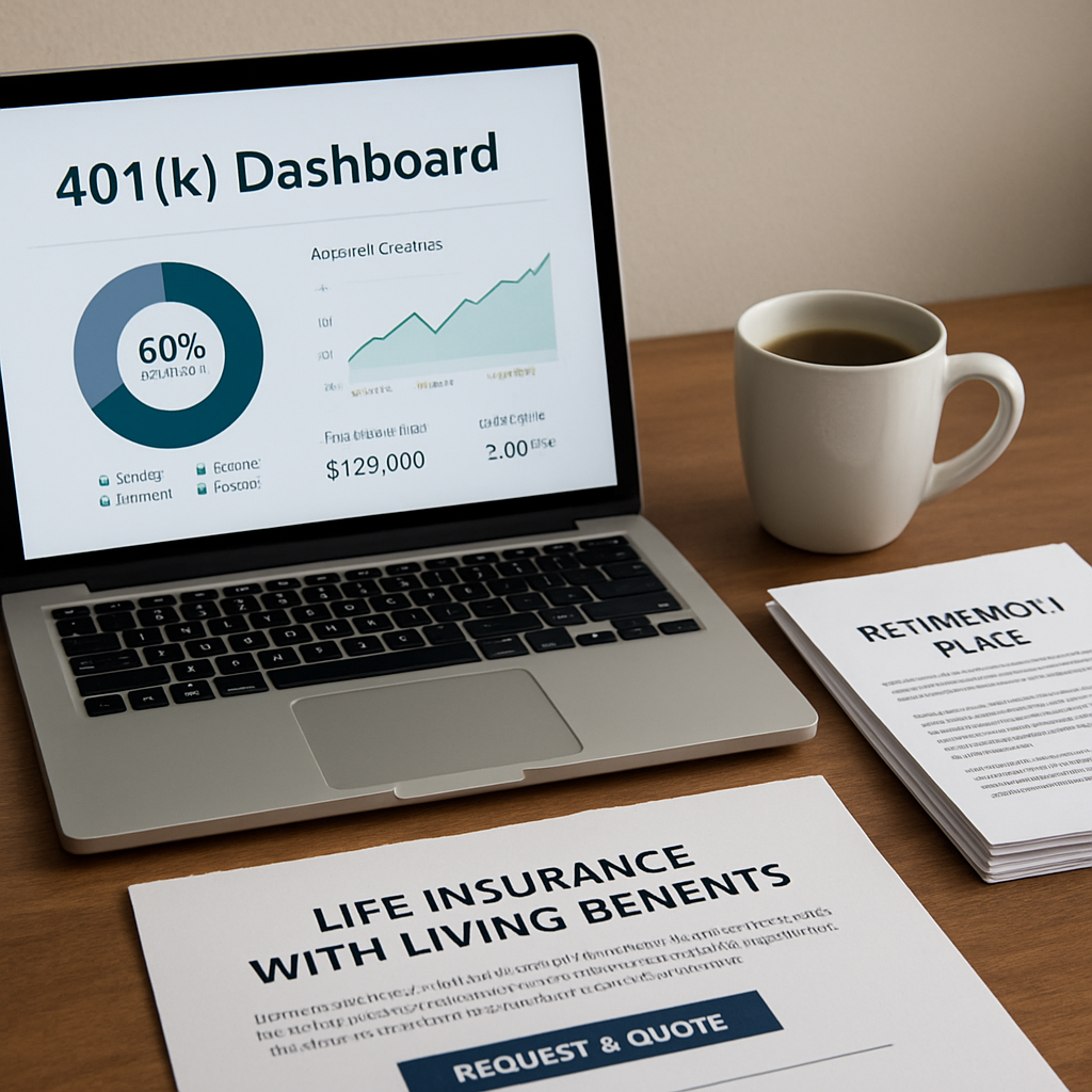 A calm home office desk with a laptop displaying a 401(k) dashboard, a cup of coffee, and neatly stacked retirement documents. Alt: 401k retirement plan overview and documents on desk