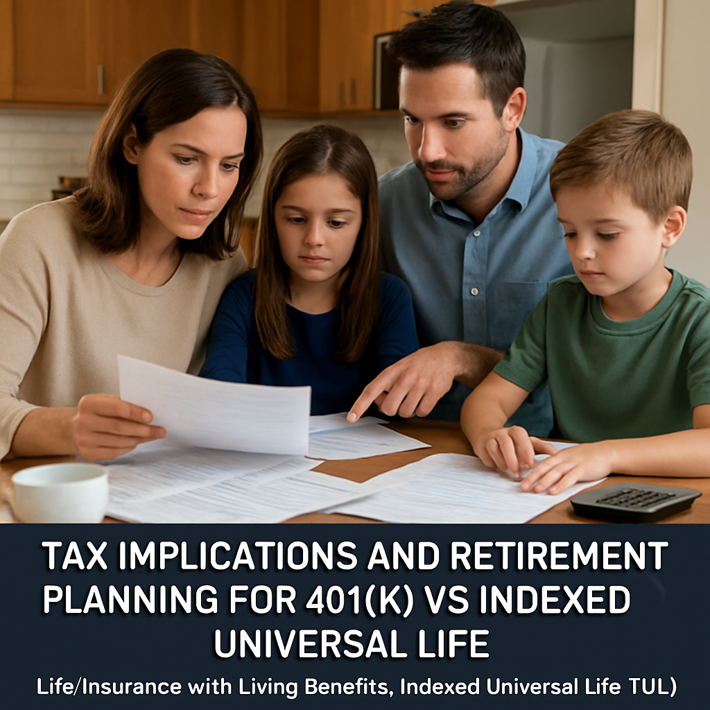 A family reviewing tax documents and retirement plans at a kitchen table. Alt: Tax implications and retirement planning for 401k vs indexed universal life