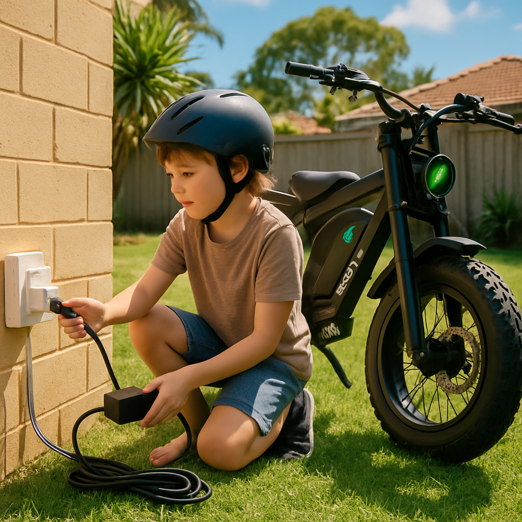 A sunny Australian backyard with a kid plugging a sleek 48V eBike charger into a wall outlet while the Grom e‑bike stands nearby, battery indicator glowing green. Alt: 48V eBike charger safety and usage guide for kids electric bikes in Australia.