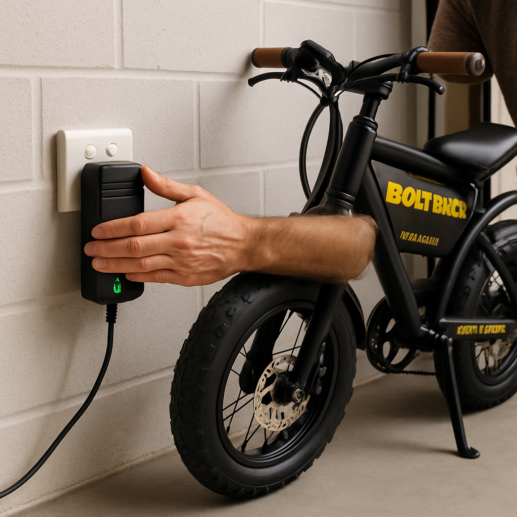 A well‑lit garage scene showing a 48V eBike charger plugged into a wall outlet, with a Bolt Bikes Grom kids e‑bike nearby, charger’s LED glowing green, and a parent checking the charger’s temperature with a hand. Alt: Installing and maintaining a 48V charger safely for kids e‑bike in Australia.