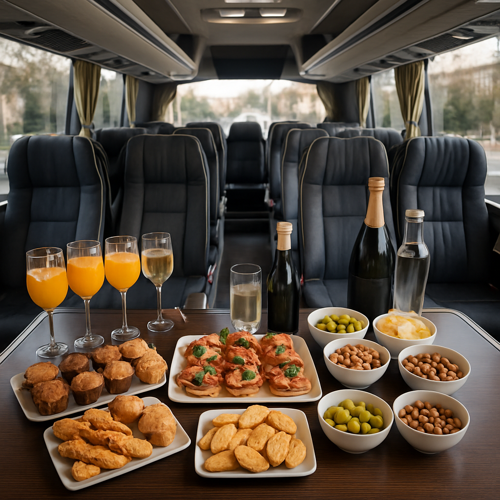 A luxury corporate coach interior showing elegant catering setup with assorted refreshments and snacks on a serving table. Alt: Corporate coach interior with catering service for group event in Madrid.