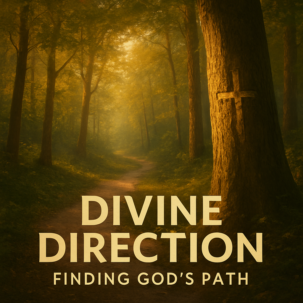 A peaceful forest trail bathed in golden morning light, a subtle cross carved into a tree trunk, symbolizing seeking God’s path in nature. Alt: Christian self help book divine direction finding God’s path illustration