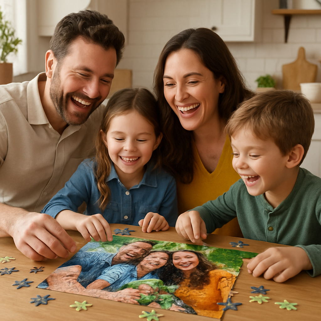 A cheerful family laughing and working together on a vibrant personalized photo jigsaw puzzle at a cozy kitchen table. Alt: Personalized photo jigsaw puzzle gift bringing family together for shared fun and memory-making.