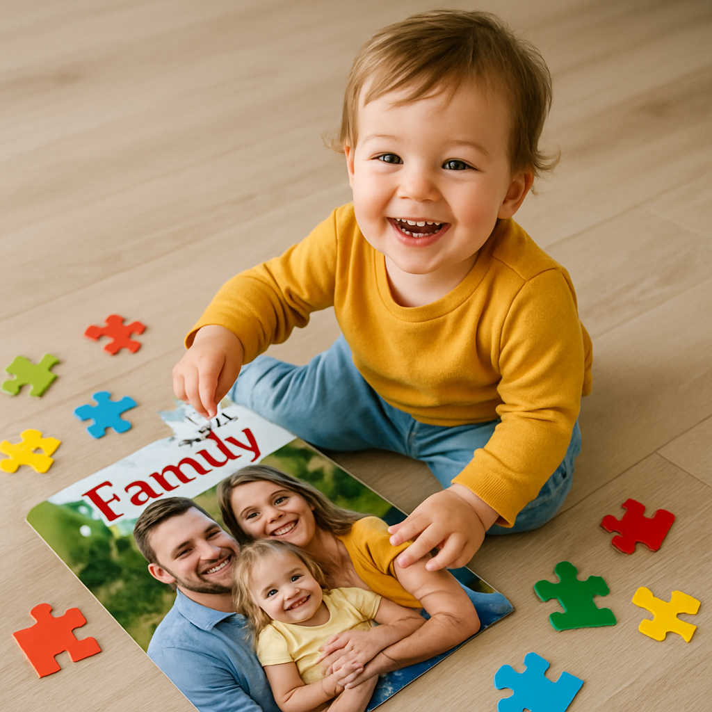 A cheerful toddler happily assembling a colorful personalized photo jigsaw puzzle featuring a family photo. Alt: Personalized photo jigsaw puzzle for toddlers promoting educational play and family bonding.