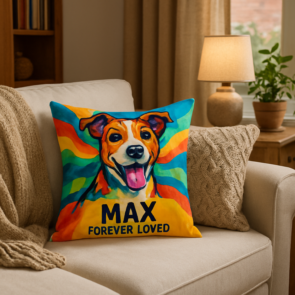 A cozy living room corner featuring a personalized pet memorial pillow with a vibrant design reflecting a playful dog’s personality. Alt: Personalized pet memorial pillow gift with lively and colorful design reflecting a playful dog.