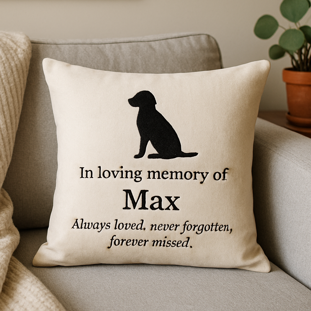 A cozy, beautifully personalized pet memorial pillow on a comfy sofa, showcasing embroidered pet silhouette and heartfelt text. Alt: Personalized pet memorial pillow gift featuring embroidered pet silhouette and sentimental message.