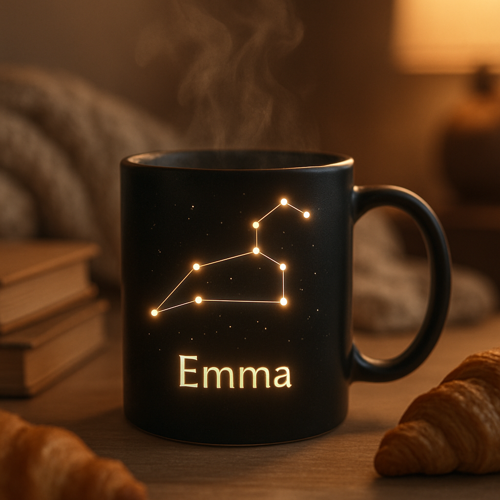 A cozy morning scene featuring a personalized constellation coffee mug with the Leo zodiac constellation design glowing softly against a dark background. Alt: Personalized constellation coffee mug gift showcasing the Leo zodiac star pattern.