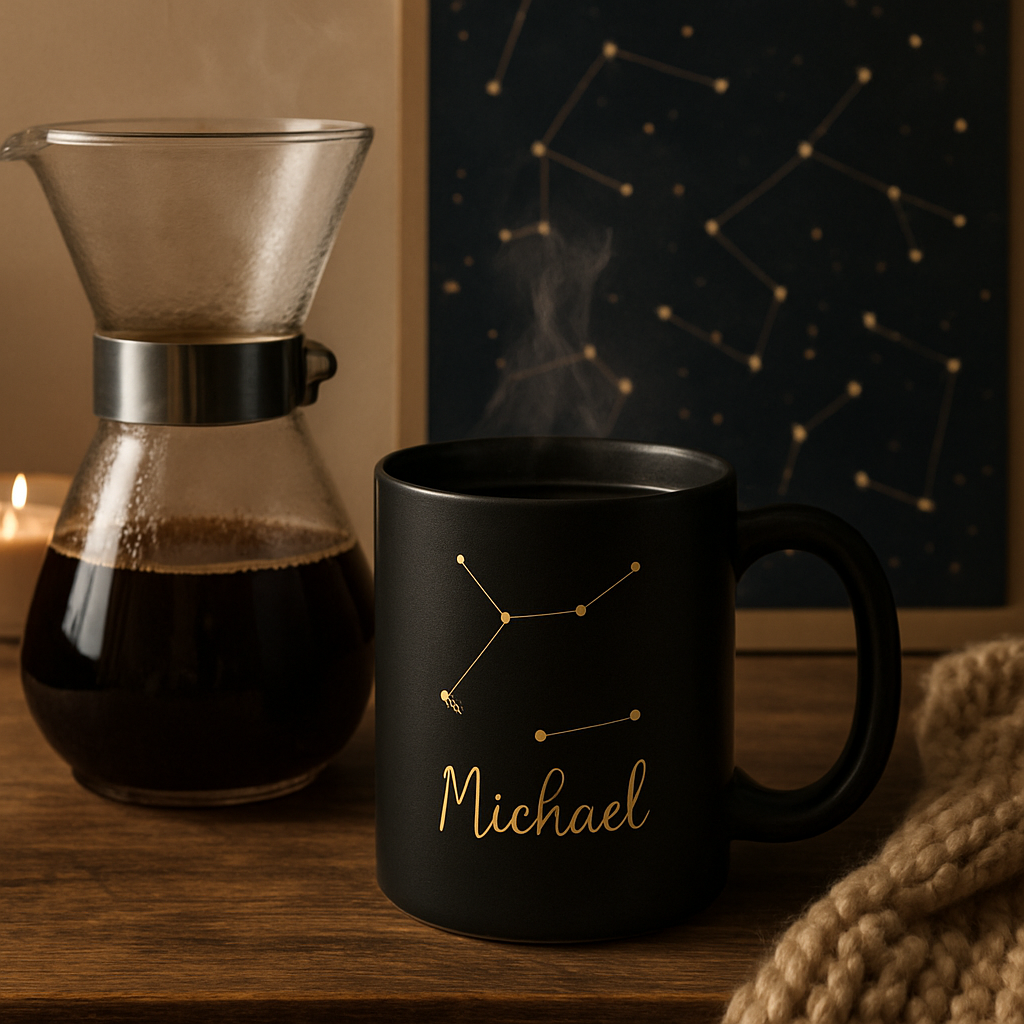 A cozy setup showing a ceramic personalized constellation coffee mug alongside a steaming coffee pot and constellation-themed decor. Alt: Personalized constellation coffee mug gift in ceramic material next to coffee setup.