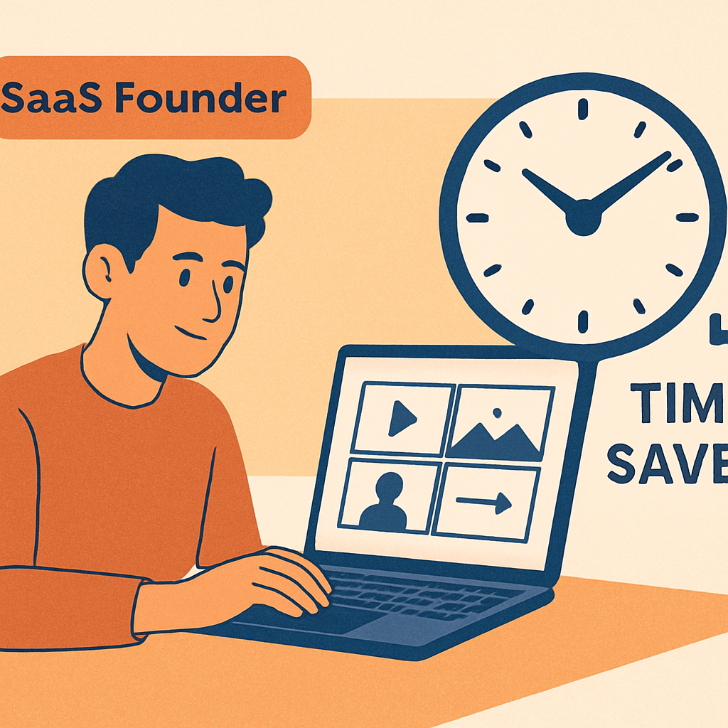An illustration showing a SaaS founder reviewing a concise video storyboard on a laptop, with a clock icon highlighting time saved. Alt: video marketing case study time savings illustration.