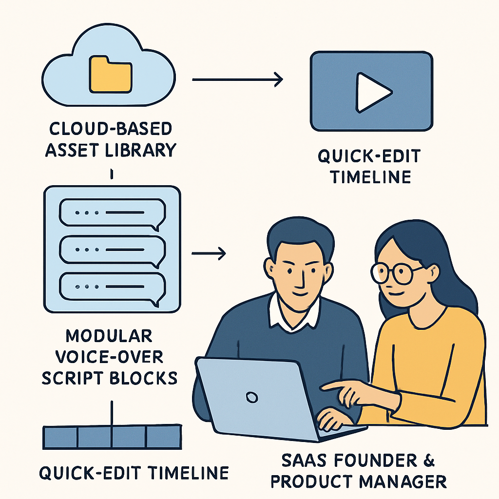 An illustration of a streamlined video production workflow, showing a cloud‑based asset library, modular voice‑over script blocks, and a quick‑edit timeline with a SaaS founder and product manager collaborating over a laptop. Alt: Structured video production process for cost‑effective SaaS demos
