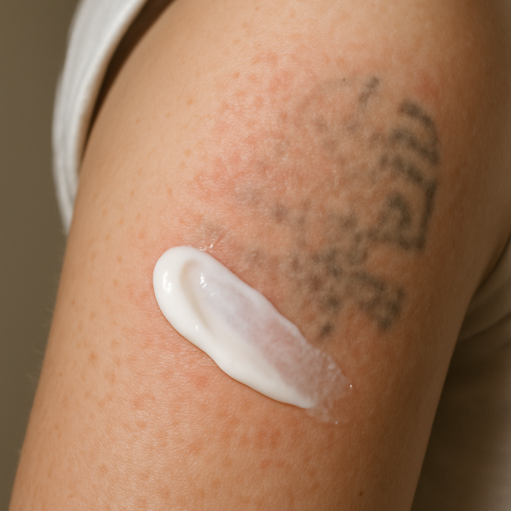 Close-up of a person's arm healing after laser tattoo removal, showing slight redness and gentle moisturizing cream applied. Alt: Tattoo removal before and after healing skin care.
