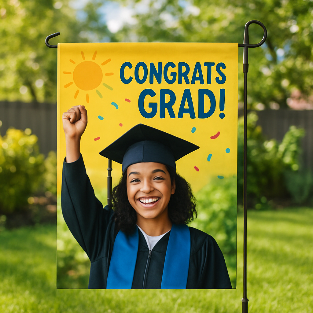 A cheerful garden flag featuring a smiling graduate in cap and gown being raised in a sunny backyard. Alt: Custom photo garden flag gift celebrating graduation with bright colors and a happy graduate.