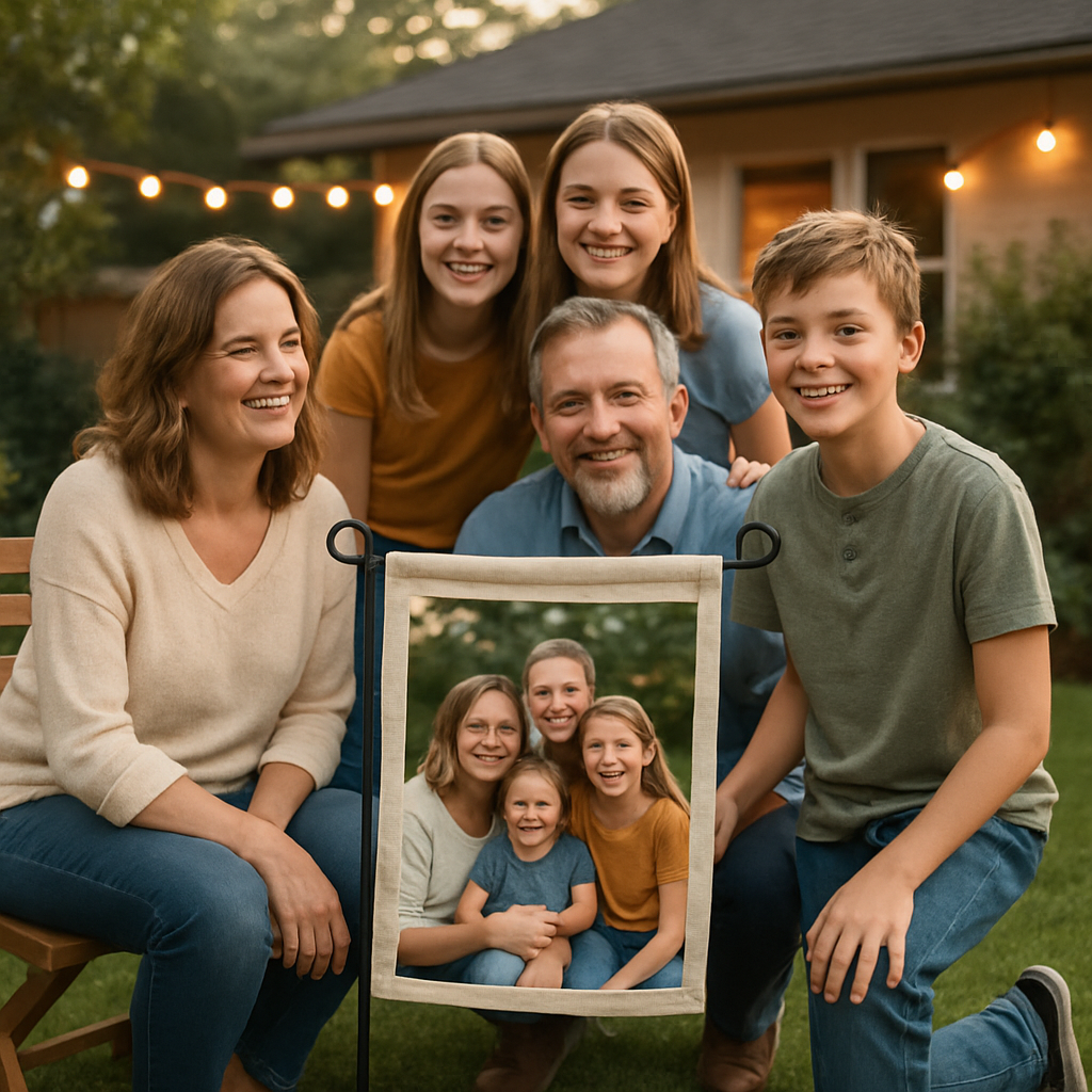 A cozy backyard scene featuring a smiling family gathering around a garden flag display showing a personalized photo. Alt: Custom photo garden flag gift displaying cherished family memories in an inviting outdoor setting.