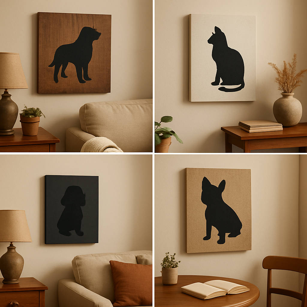 A collection of pet silhouette canvases showing different materials and sizes displayed on walls in cozy home settings. Alt: Custom pet silhouette canvas gifts in various canvas materials and sizes.