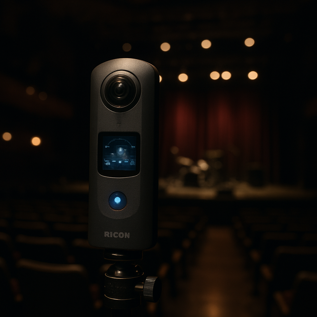 Une caméra Ricoh Theta Z1 posée sur un trépied dans une salle de concert sombre, capturant une image 360 nette. Alt: Ricoh Theta Z1 caméra 360 haute qualité pour visites virtuelles nettes
