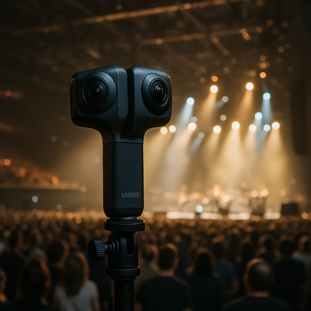 Une caméra Vuze XR en action dans un lieu de concert, capturant une visite virtuelle immersive en 360 degrés. Alt: Caméra 360 Vuze XR pour visites virtuelles immersives de lieu de concert.