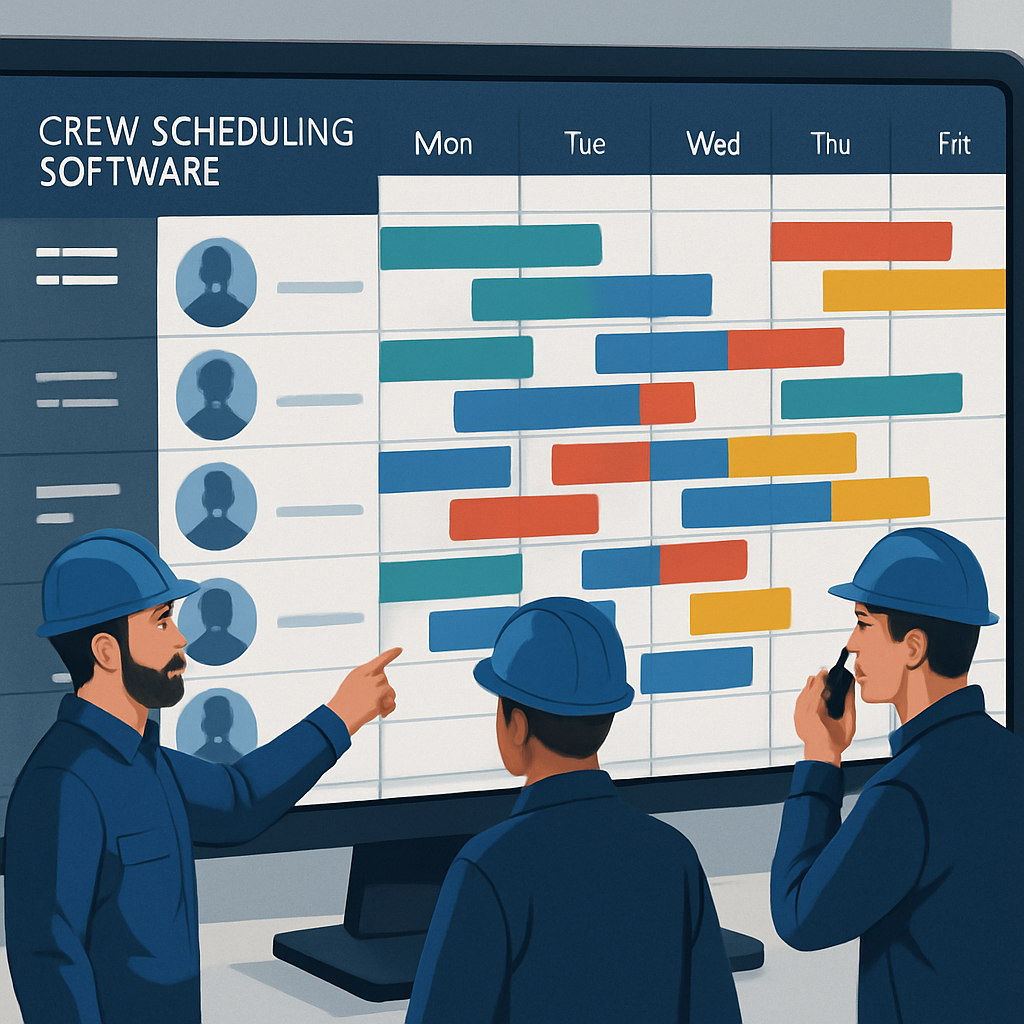 Illustration graphique montrant un écran de crew scheduling software avec des plannings colorés et une équipe technique coordonnée en temps réel. Alt: Interface moderne d’un crew scheduling software optimisant la planification des équipes techniques.
