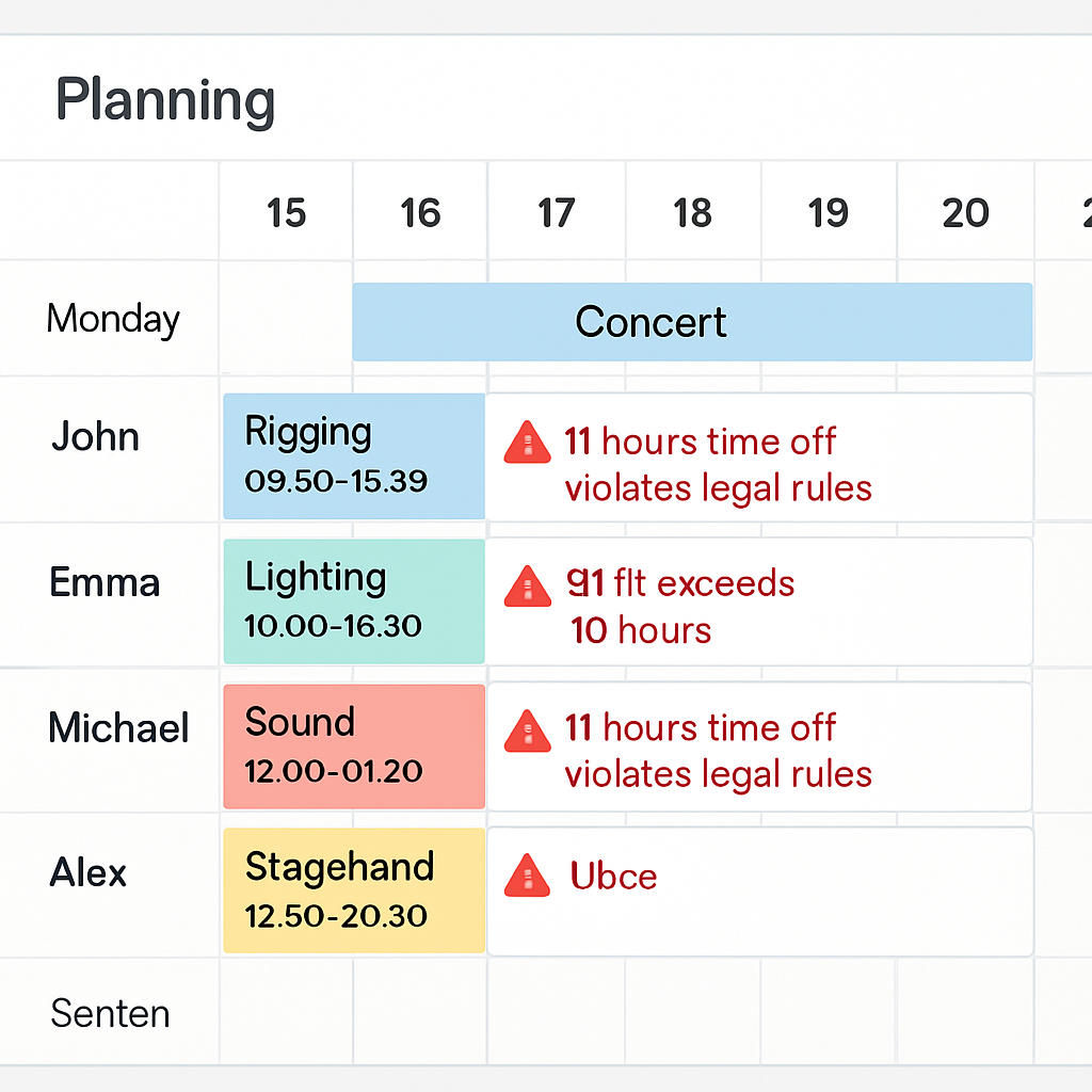 Illustration d’un planning digital avec des alertes sur la conformité légale pour un concert. Alt: Exemple de planning du crew scheduling software respectant les règles légales pour la gestion d’équipes en événementiel.