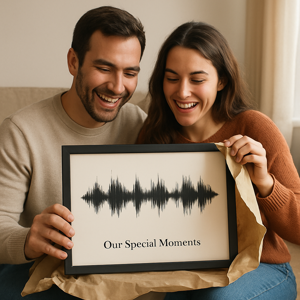 A heartwarming scene of a couple unwrapping a framed personalized sound wave art print gift, smiling with joy. Alt: Personalized sound wave art print gift capturing special moments