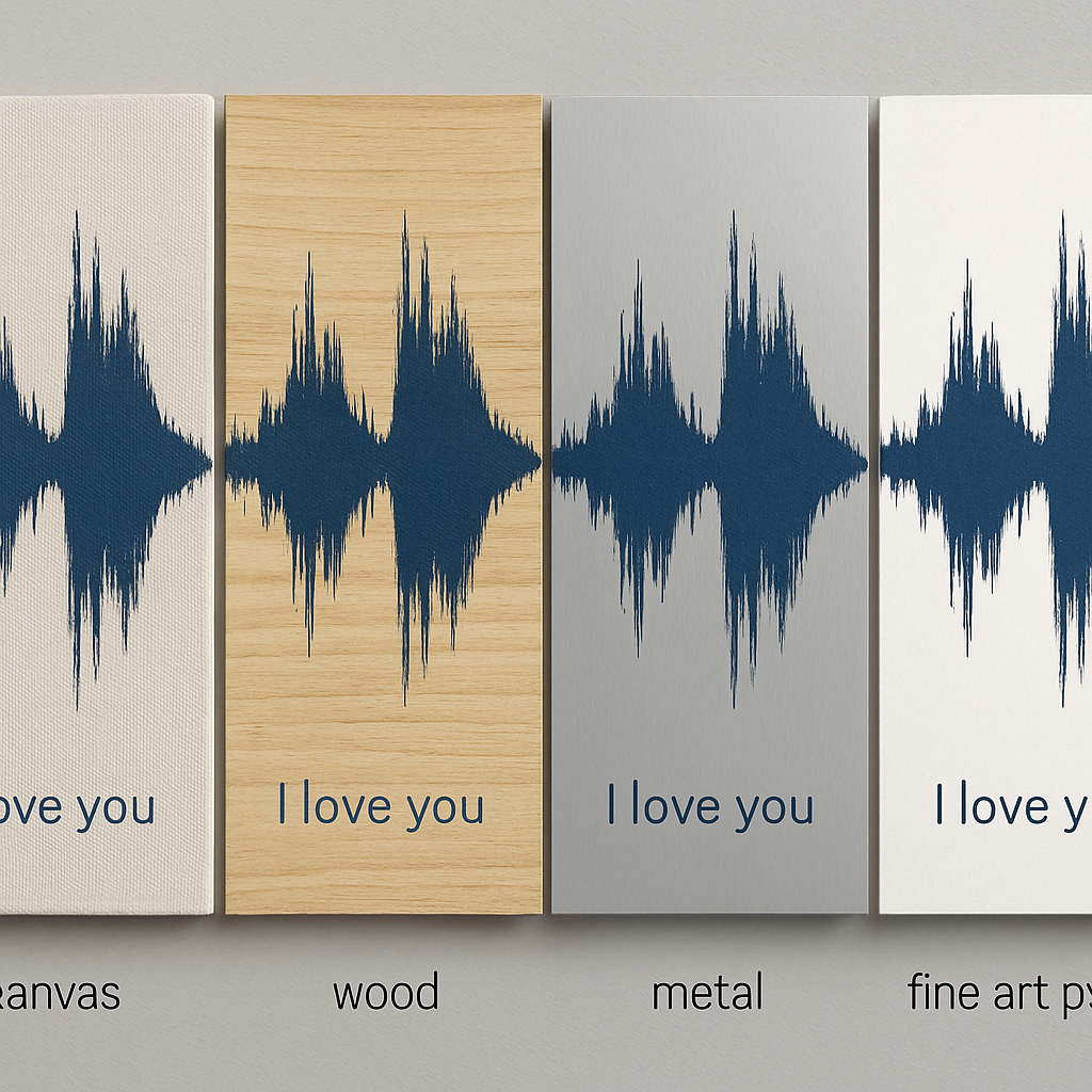 A side-by-side comparison of personalized sound wave art prints on canvas, wood, metal, and fine art paper, highlighting texture and color differences. Alt: Comparison of popular personalized sound wave art print gift materials showing canvas, wood, metal, and fine art paper.