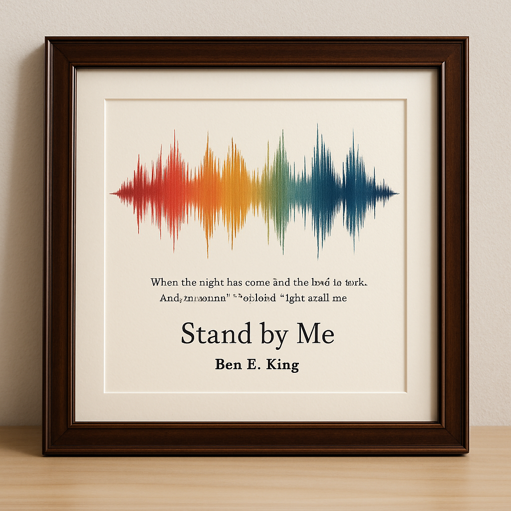 A beautifully framed personalized sound wave art print featuring song lyrics and sound waves in elegant colors. Alt: Personalized sound wave art print gift featuring meaningful song lyrics and a vibrant sound wave.
