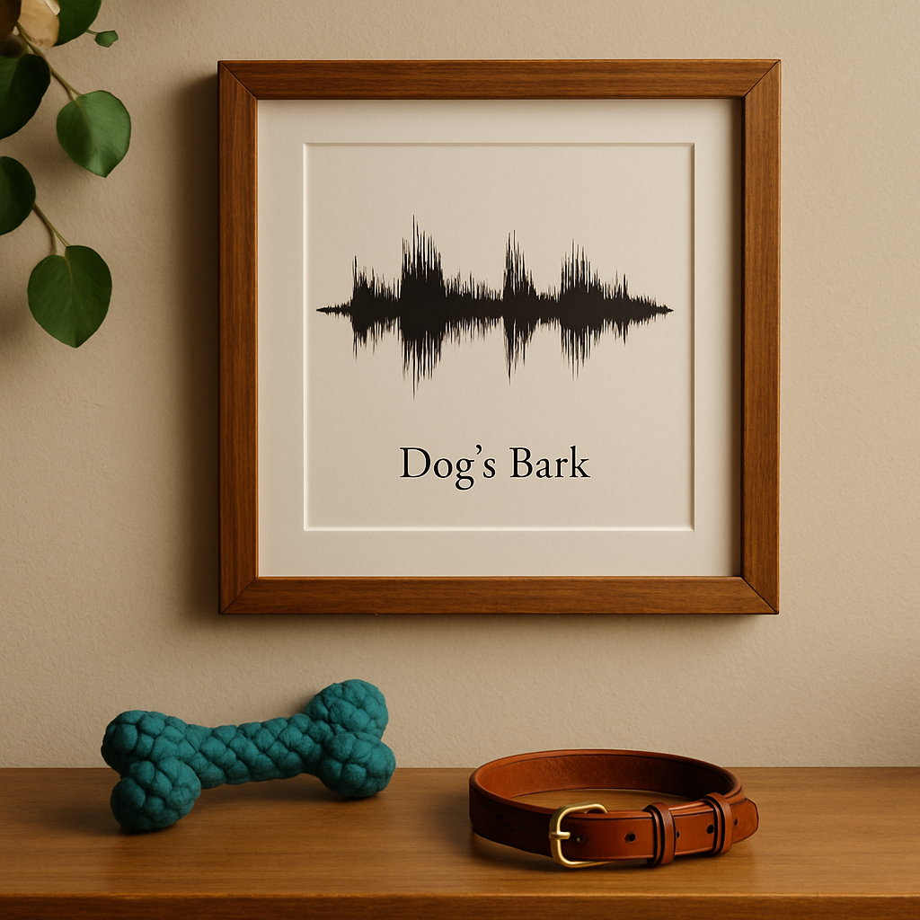 A cozy home scene featuring a framed personalized sound wave art print of a dog's bark on the wall, with a collar and pet toy nearby. Alt: Personalized sound wave art print capturing a dog's bark as a unique pet gift.