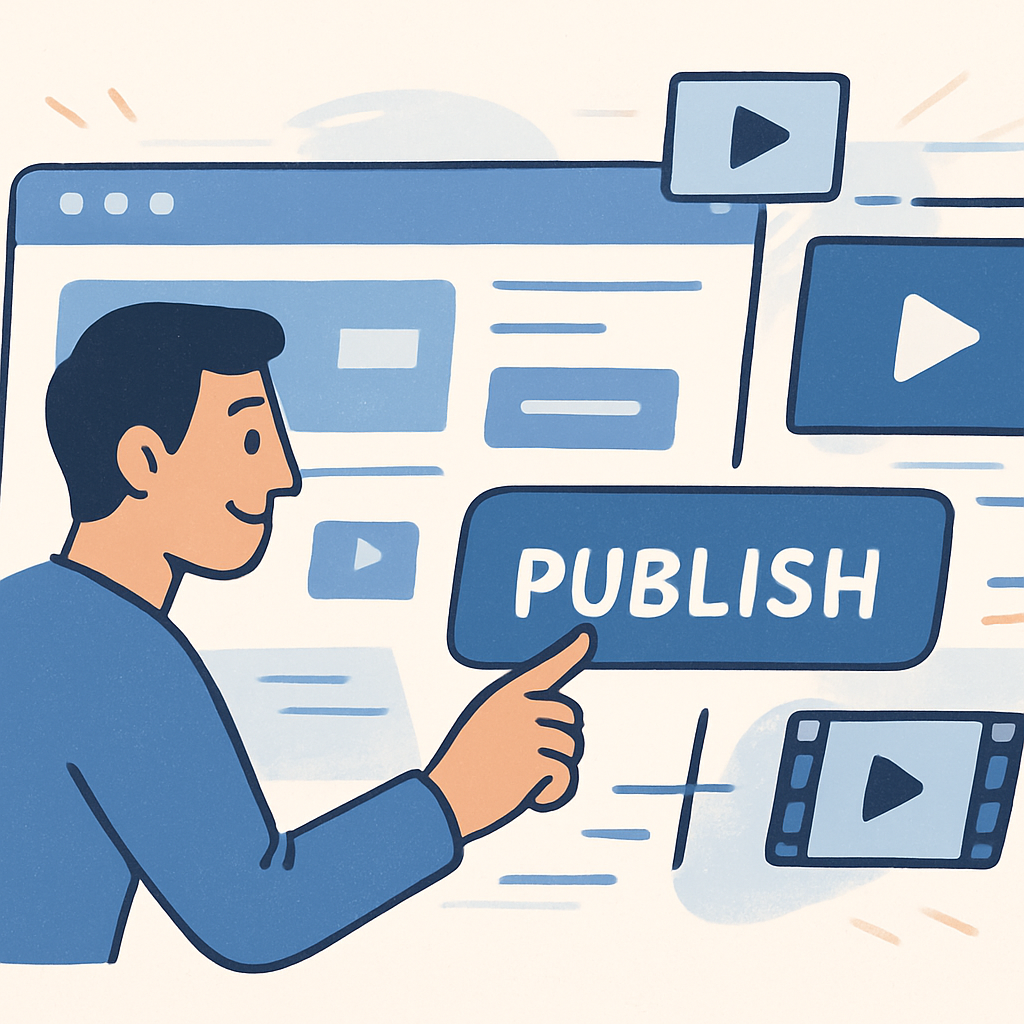 Illustration of a SaaS founder pressing a “Publish” button on a dashboard, with video assets automatically assembling around it, highlighting speed and efficiency. Alt: video marketing platforms accelerate feature launches for founders.
