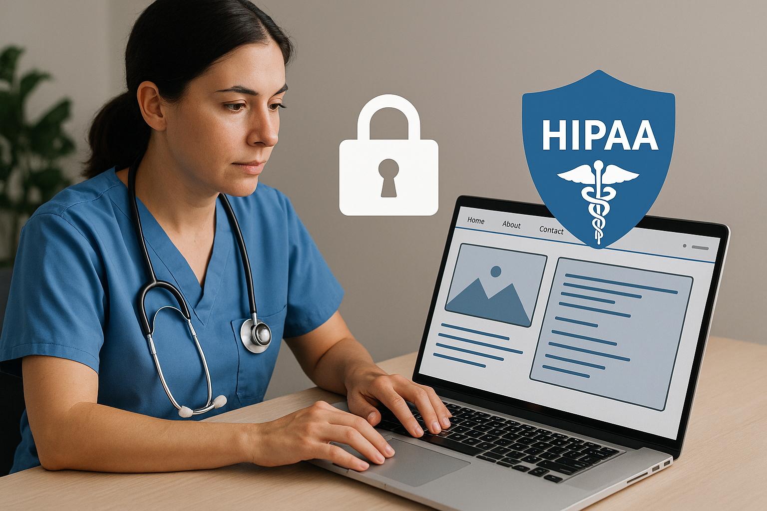 A healthcare professional building a secure, modern website on a laptop, with padlock and HIPAA shield icons overlayed.