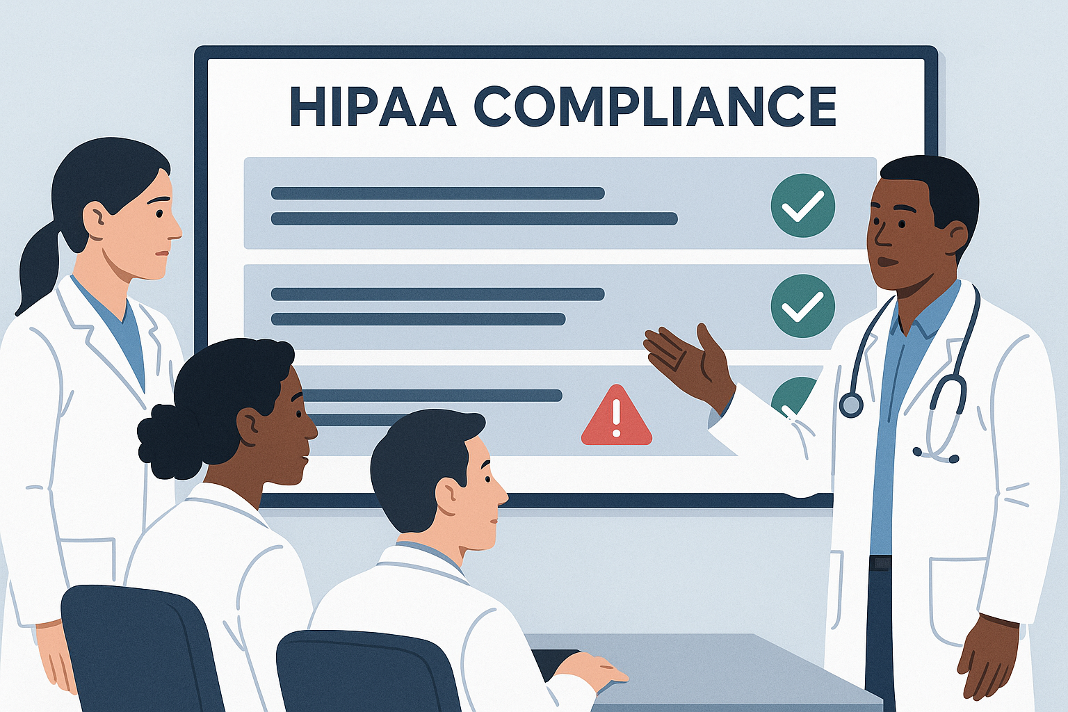A medical team reviewing a HIPAA compliance dashboard on a large monitor, with checkmarks and alert icons.