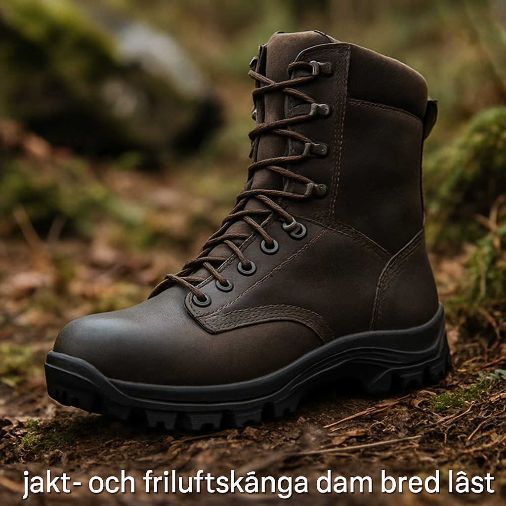 En robust jakt- och friluftskänga i naturlig terräng, med fokus på den breda lästen och tåliga materialen. Alt: jakt- och friluftskängor dam bred läst som visar robusthet och funktionalitet