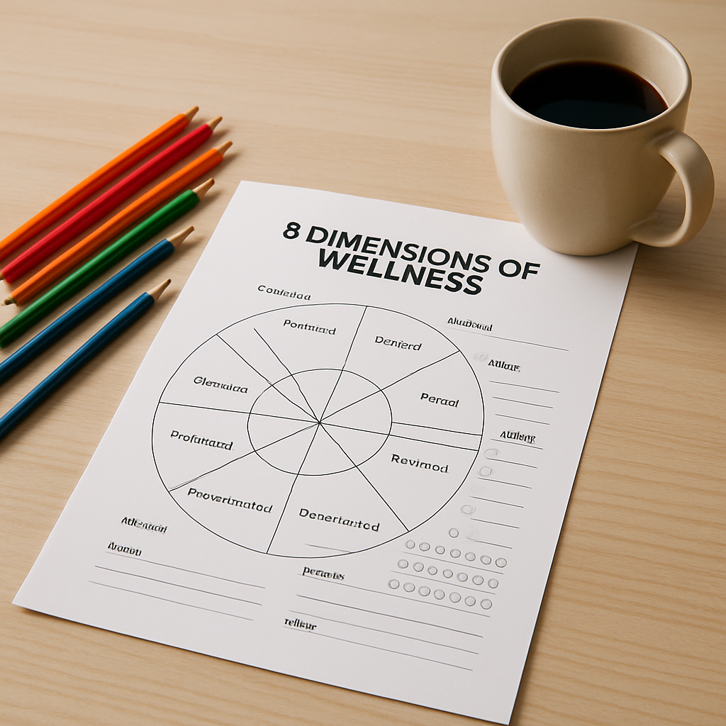 A bright, clean desk scene with a printed 8 dimensions of wellness worksheet, colored pencils, and a coffee mug. Alt: "Printed 8 dimensions of wellness worksheet ready for rating and habit tracking"