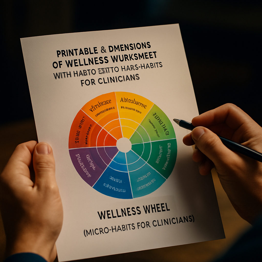 A clinician holding a printed 8‑dimensions wellness wheel worksheet, pen in hand, with colorful slices showing progress. Alt: