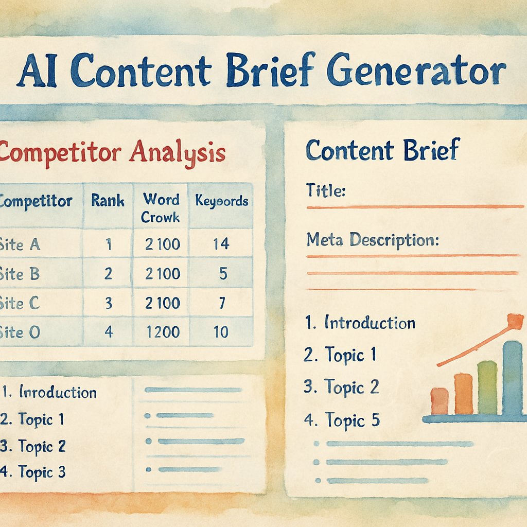 An AI dashboard displaying competitor analysis data alongside content brief outlines. Alt: AI content brief generator integrating competitor analysis data for SEO optimization.