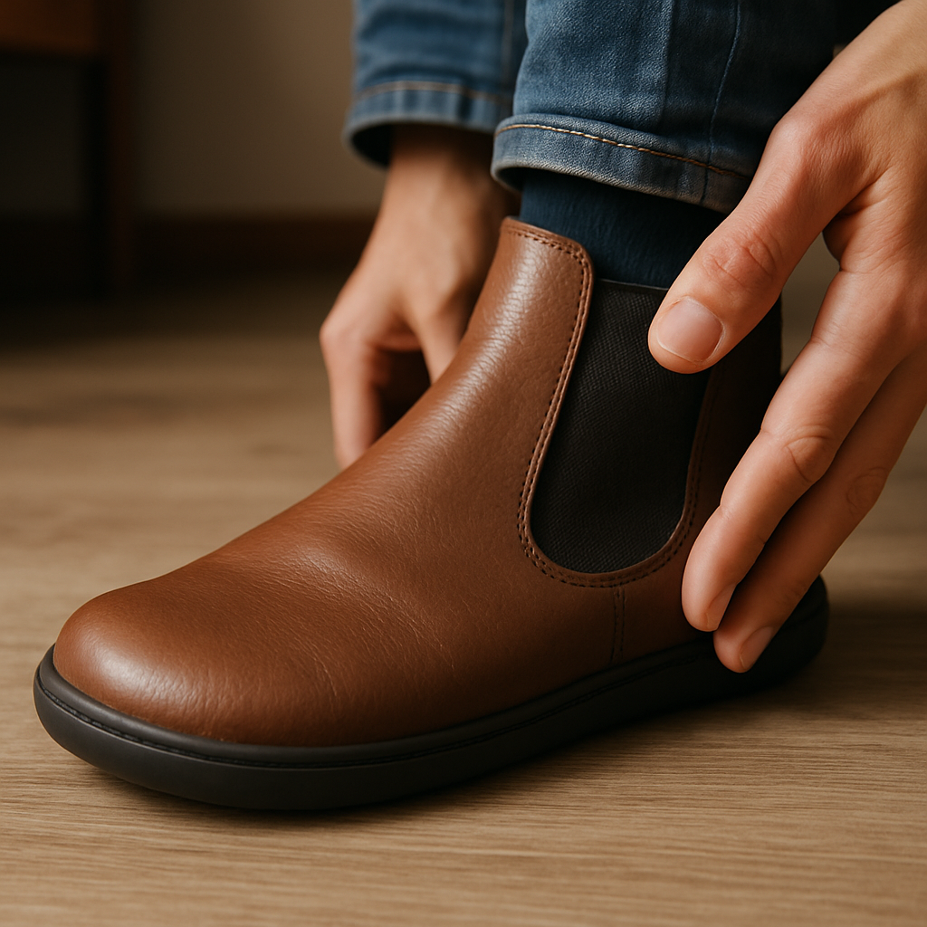 Närbild på en person som provar barfotakängor med fokus på tåbox och passform. Alt: Välj rätt storlek och passform för barefoot chelsea boots med god tåplats och naturlig rörelse
