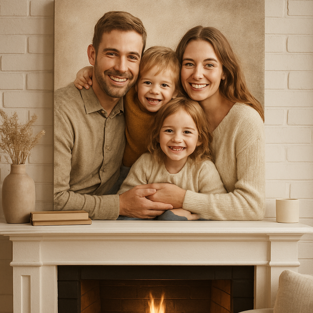 A warm family portrait printed on a textured canvas hanging above a cozy living room fireplace. Alt: Personalized family portrait print on canvas wall art gift capturing happy moments.