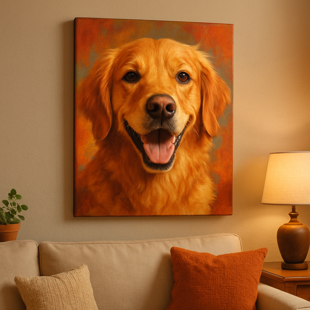 A warm, vibrant pet portrait printed on canvas hanging on a cozy living room wall. Alt: Print on demand custom canvas wall art gift showing a lively and heartwarming pet portrait that captures the pet's spirit.