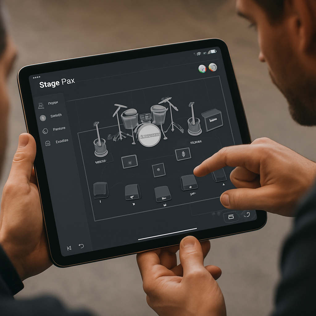 Illustration d’un plan de scène interactif sur tablette avec techniciens en train de collaborer. Alt: Interface moderne d’une stage plot app facilitant la préparation de concerts avec collaboration en temps réel.