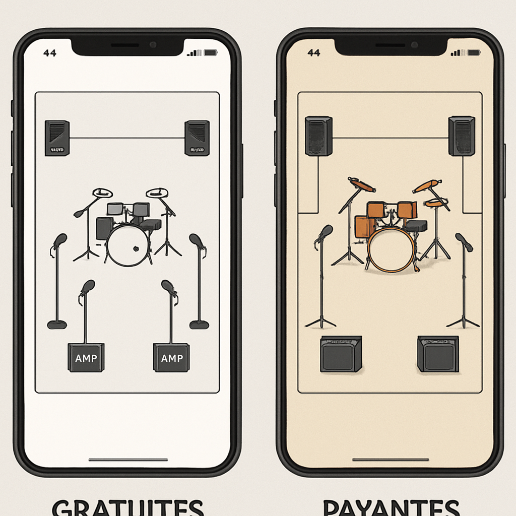 Illustration d’une comparaison entre une application stage plot gratuite et payante avec interface d’application visible et éléments de scène. Alt: ‘‘Comparaison d’applications stage plot gratuites vs payantes pour l’organisation de concerts’‘.