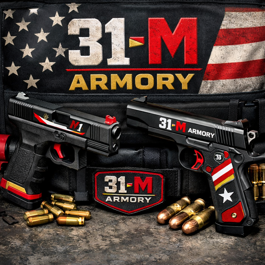 A realistic scene of a shooter at a indoor range, holding a 9mm pistol in one hand and a .45 ACP pistol in the other, with visible recoil arrows indicating the different impulse levels. Alt: visual comparison of recoil between 9mm and .45 ACP.