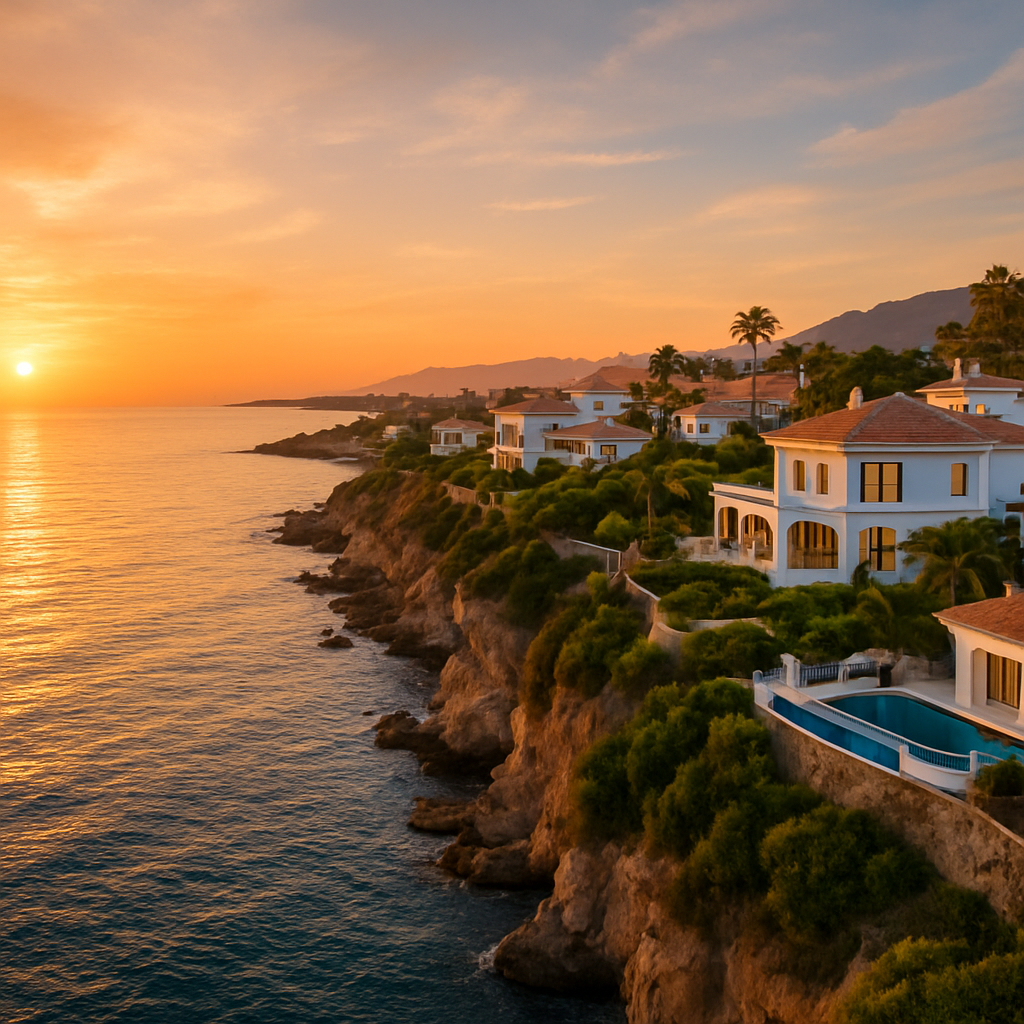 A panoramic view of Marbella’s coastline at sunset, showcasing luxury villas perched on cliffs with the Mediterranean Sea glimmering below. Alt: Marbella luxury villas for sale with sea view