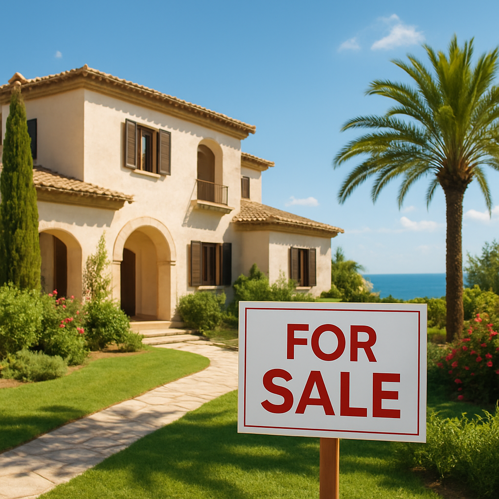 A sunny Mediterranean villa with a “For Sale” sign in front, showing the façade, garden, and a glimpse of the sea beyond. Alt: villas for sale marbella financing and legal considerations illustration.