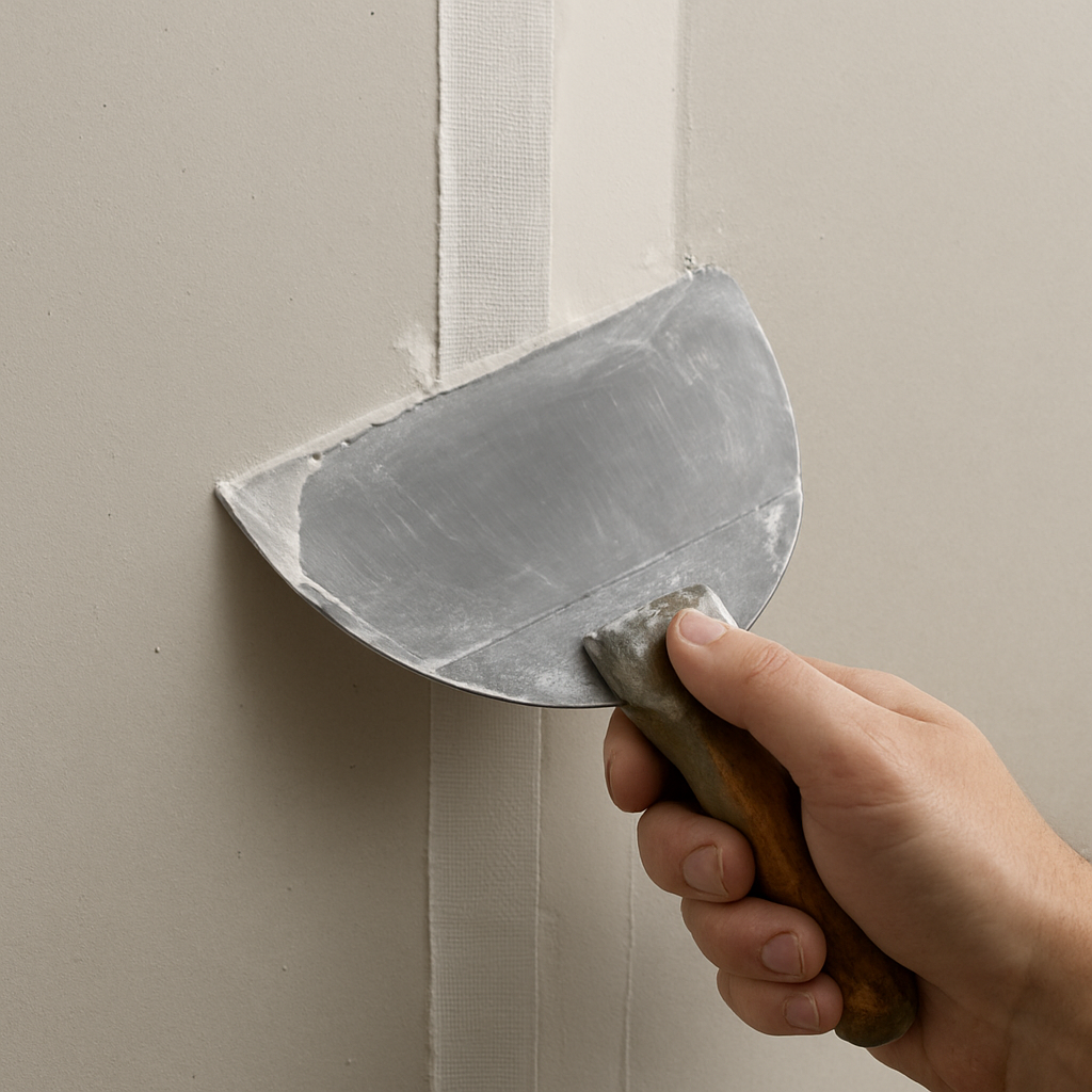 A close‑up of a drywall joint being taped and mudded, showing the smooth transition from tape to mud, with a hand holding a drywall knife. Alt: sheetrock taping and mudding process showing smooth joint finish.