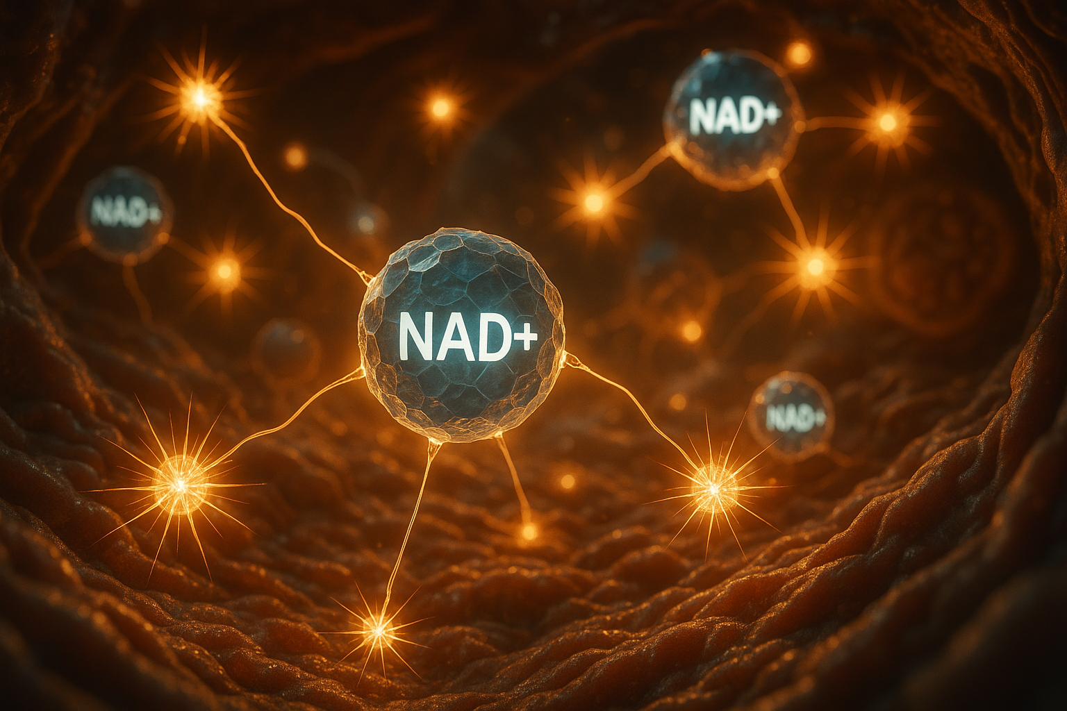 Artistic visualization of NAD+ molecules interacting inside a living cell to promote energy and repair. Alt: guide to using NAD+ therapy at home cellular energy illustration.